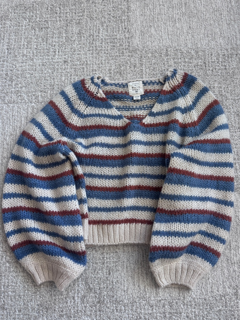 Billabong Striped V-Neck Sweater in Cream, Blue & Burgundy